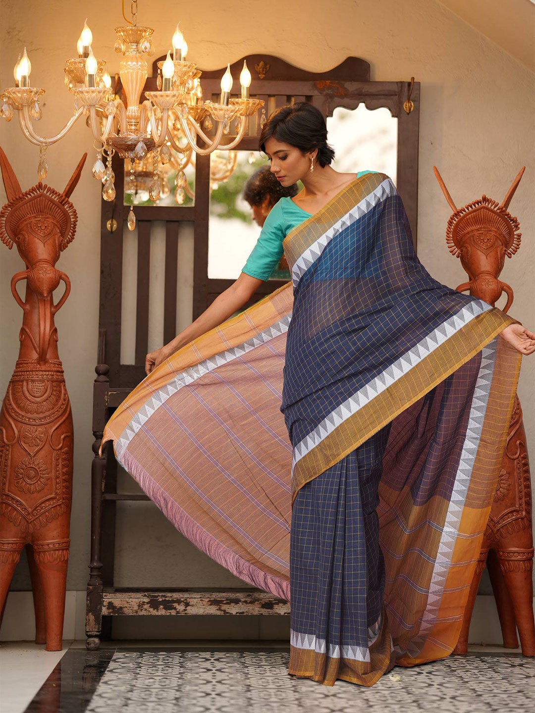 

Unnati Silks Woven Design Pure Cotton Handloom Mangalagiri Saree, Navy blue