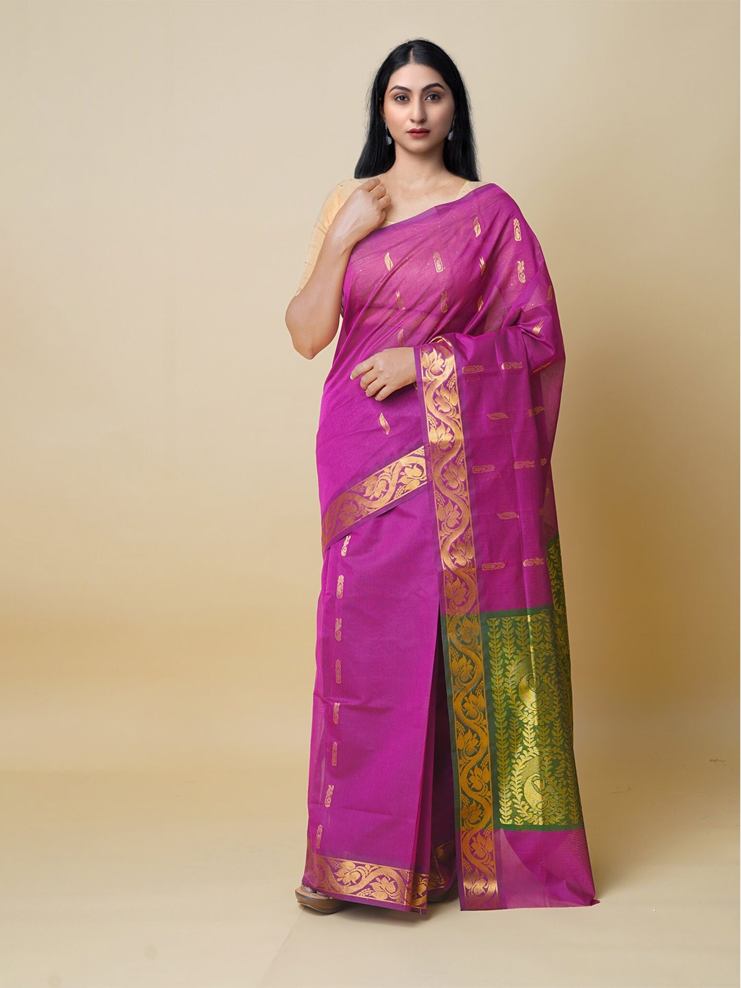 

Unnati Silks Ethnic Motifs Woven Design Zari Handloom Pure Cotton Gadwal Saree, Pink