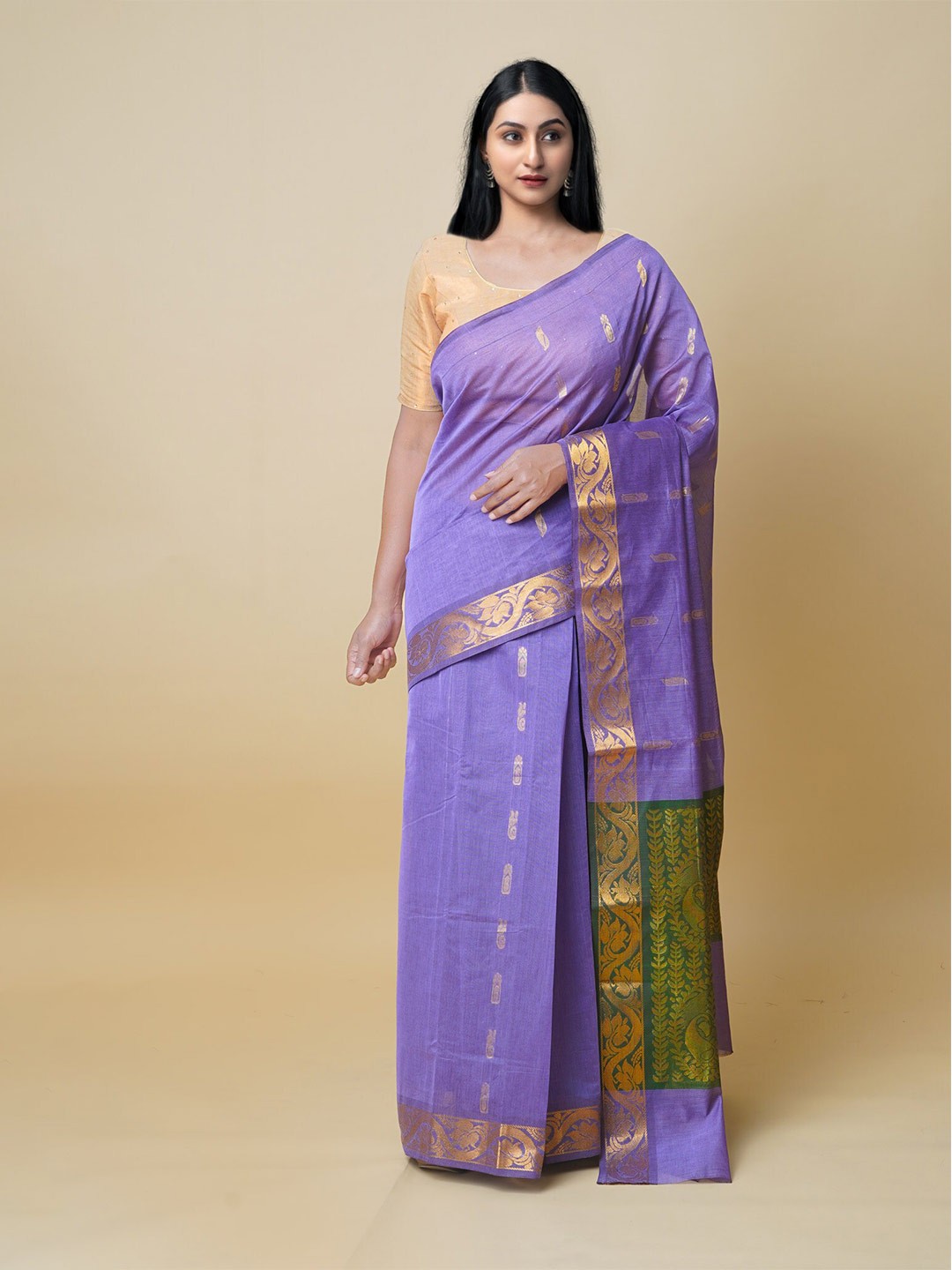 

Unnati Silks Paisley Woven Design Zari Detail Pure Cotton Gadwal Saree, Lavender