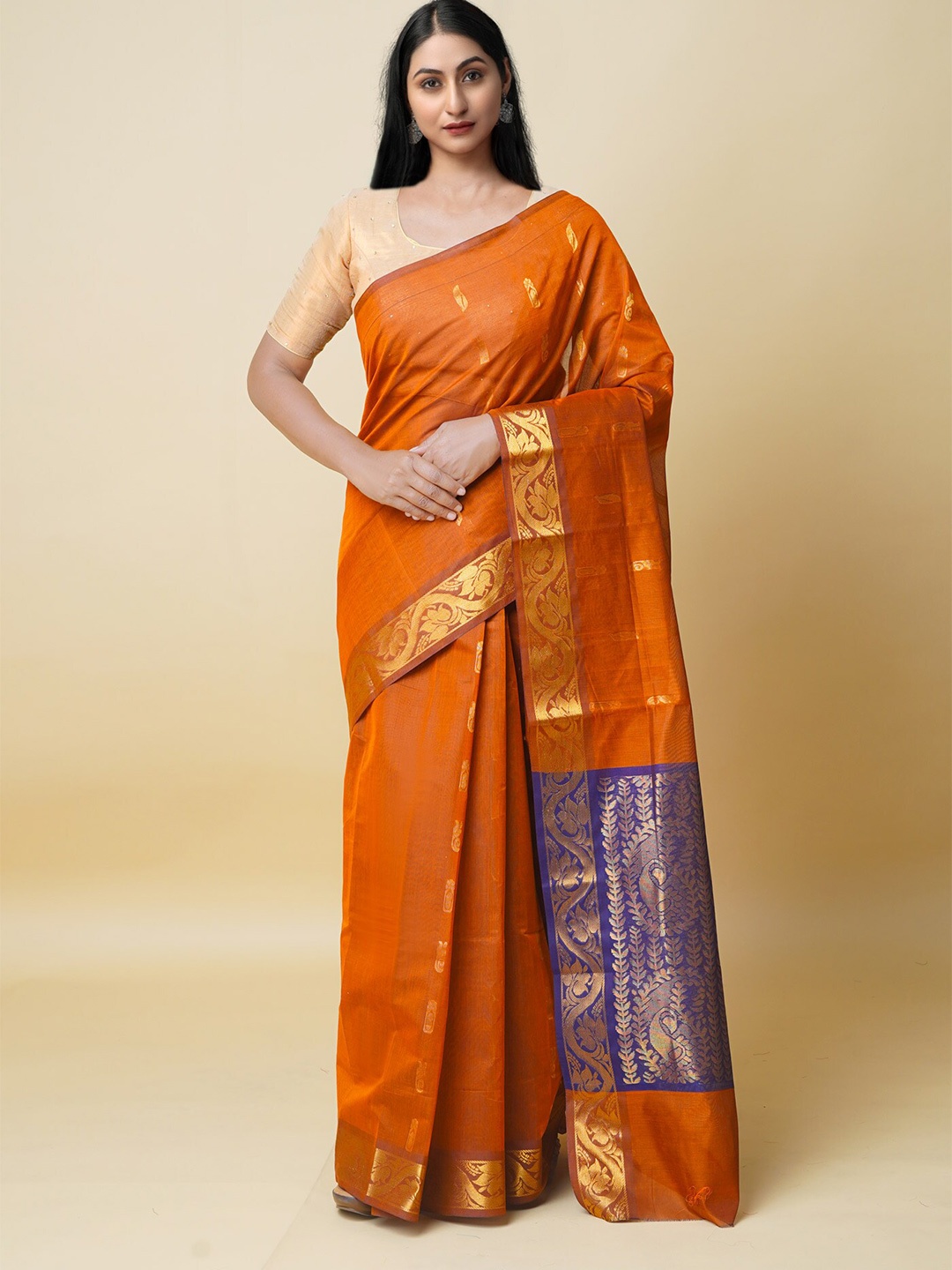 

Unnati Silks Ethnic Motifs Woven Design Zari Pure Cotton Gadwal Saree, Orange