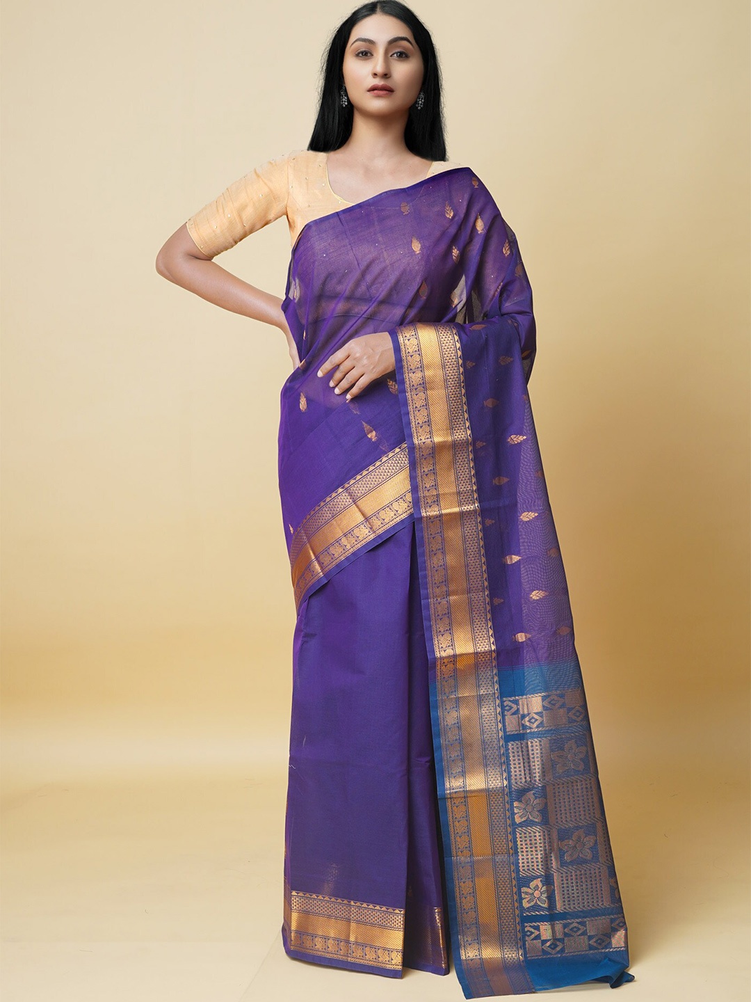 

Unnati Silks Paisley Woven Design Zari Detail Pure Cotton Gadwal Saree, Violet