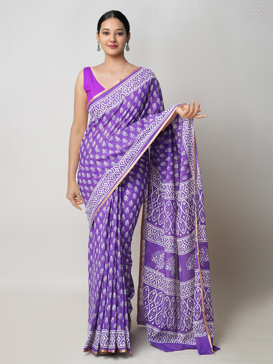 

Unnati Silks Ethnic Motifs Pure Cotton Hand Block Print Saree, Violet