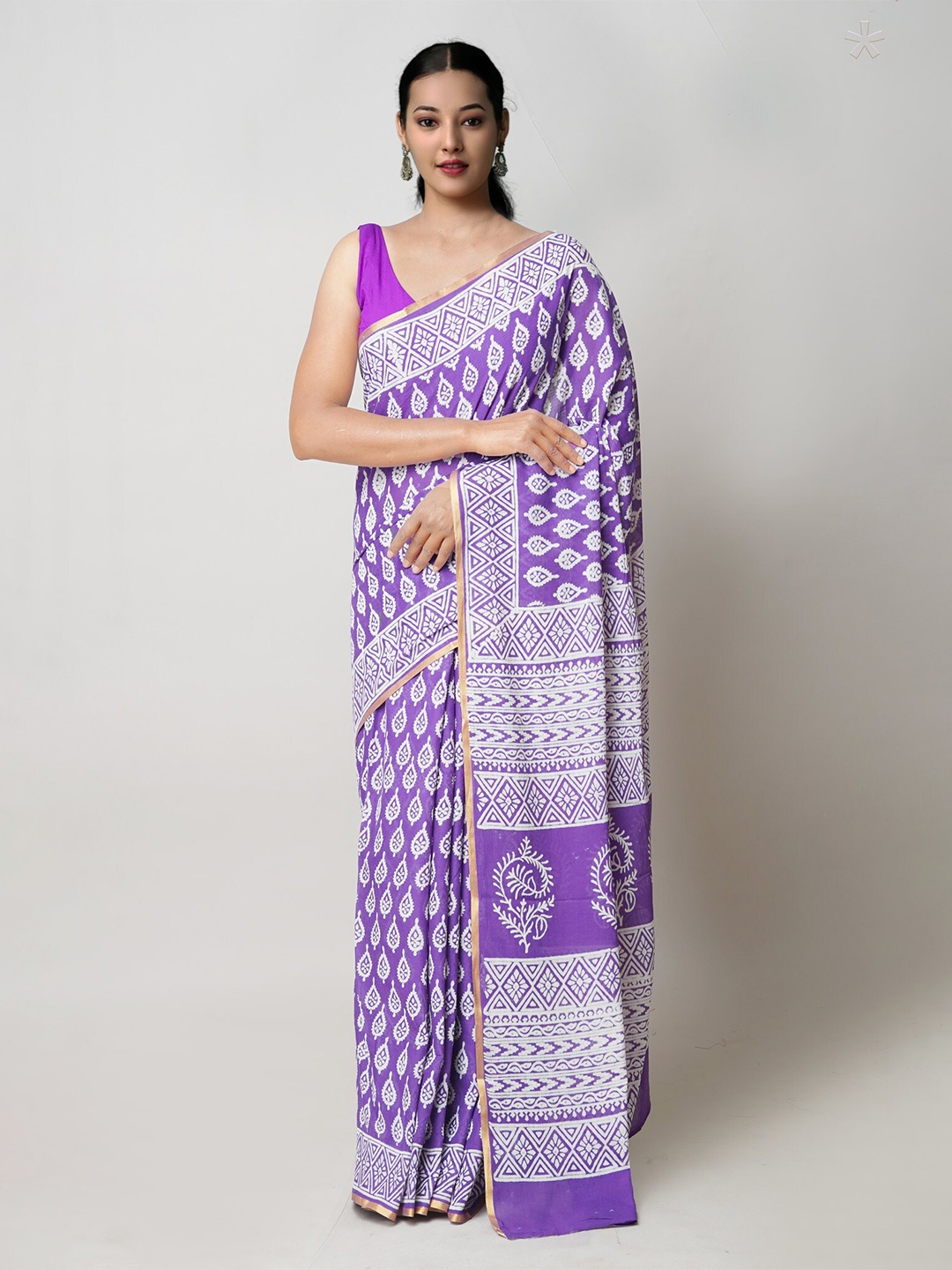 

Unnati Silks Ethnic Motifs Printed Zari Pure Cotton Block Print Saree, Violet
