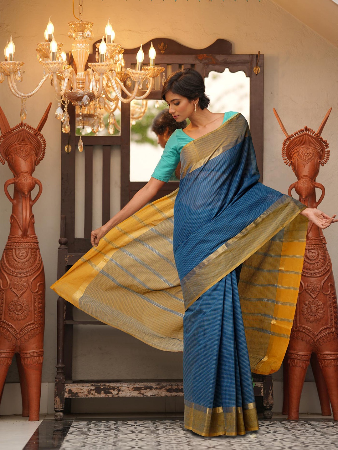 

Unnati Silks Checked Zari Pure Cotton Mangalagiri Saree, Blue