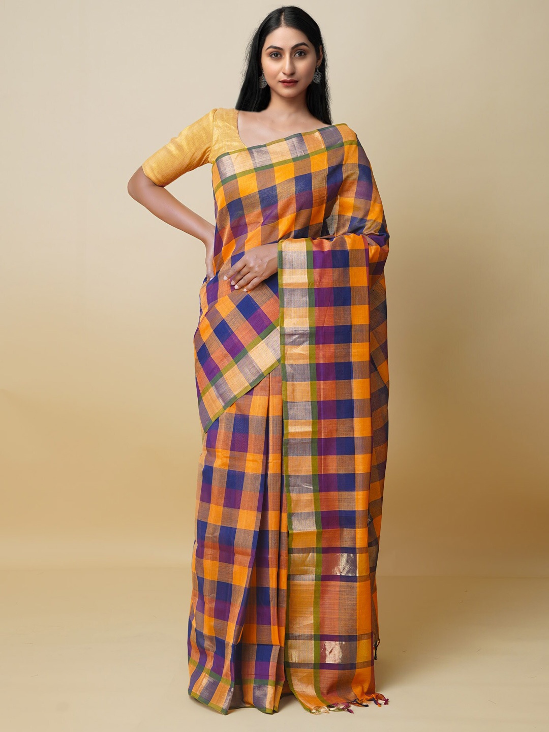 

Unnati Silks Checked Zari Pure Cotton Gadwal Saree, Purple
