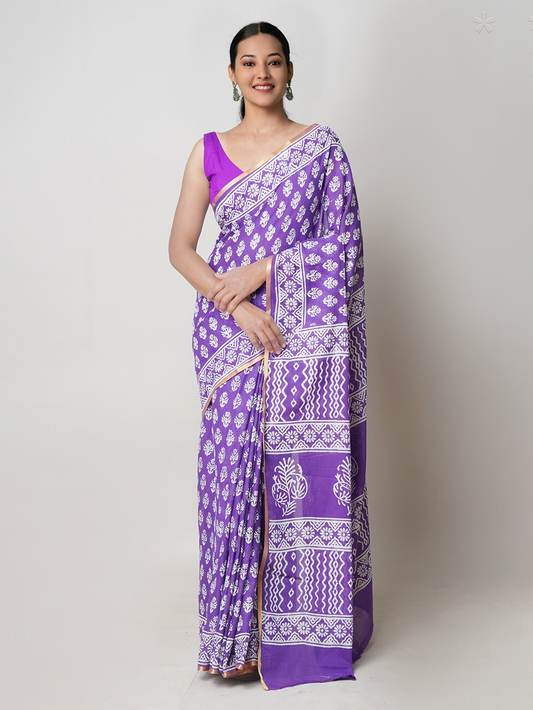 

Unnati Silks Ethnic Motifs Printed Zari Pure Cotton Block Print Saree, Violet