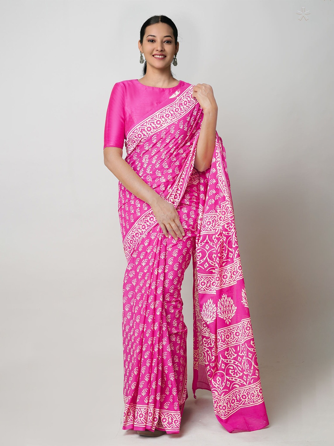 

Unnati Silks Ethnic Motifs Printed Pure Cotton Saree, Pink