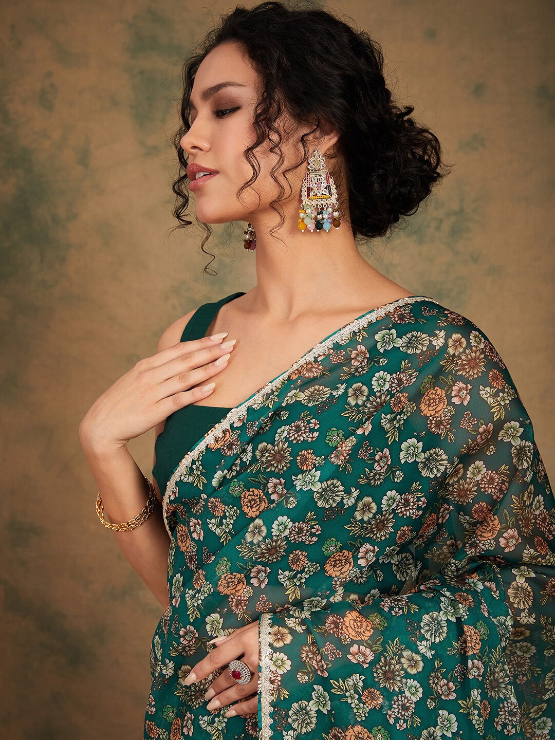 

Sangria Women Floral Printed Lace Bordered Saree with Blouse Piece, Green