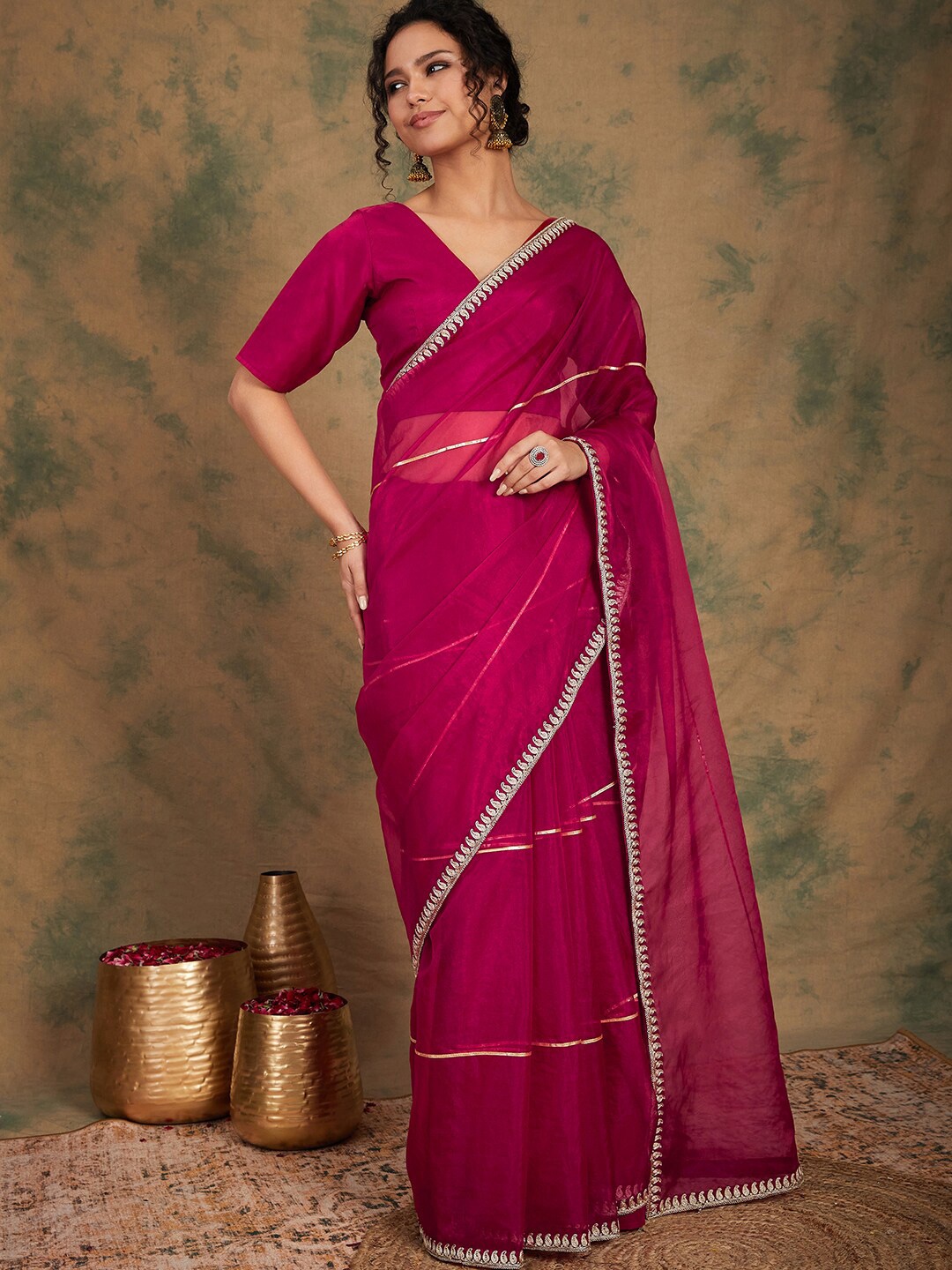 

Sangria Striped Embroidered Detailed Organza Saree, Pink