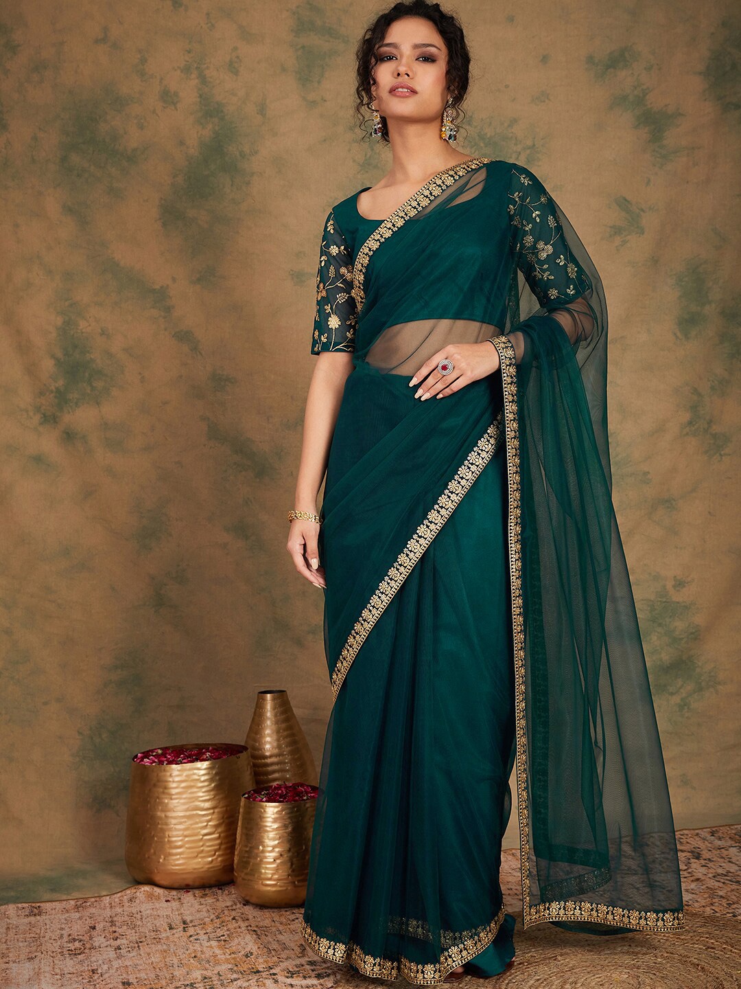 

Sangria Women Floral Zari and Sequins Embroidered Saree Blouse Piece, Teal