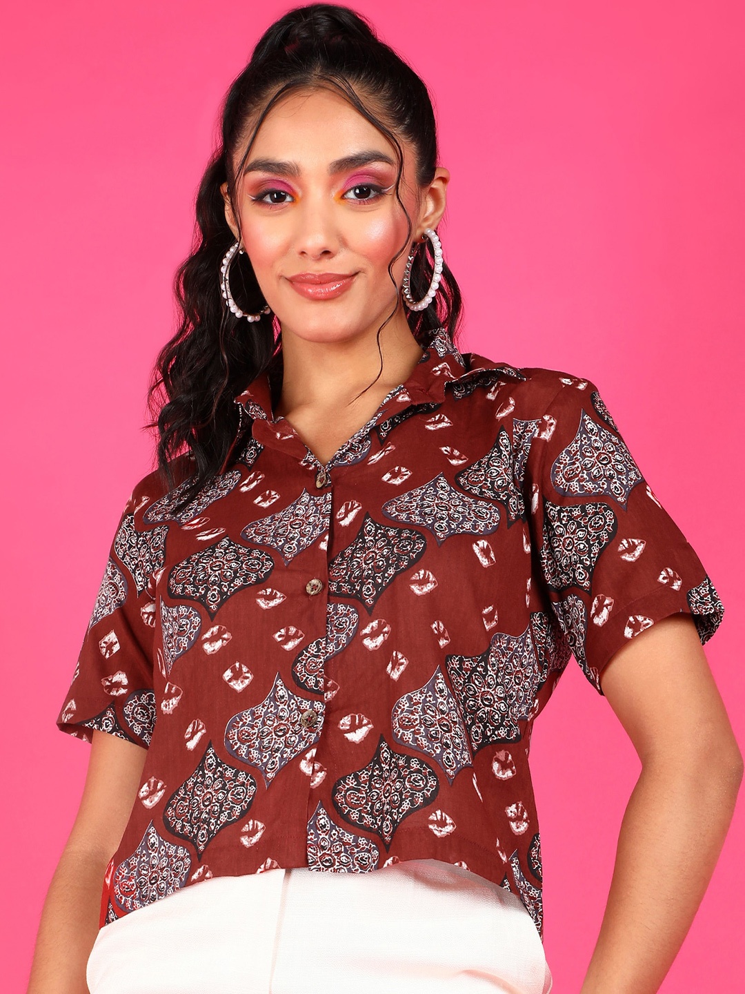 

Popwings Relaxed Ethni Printed Pure Cotton Crop Casual Shirt, Maroon