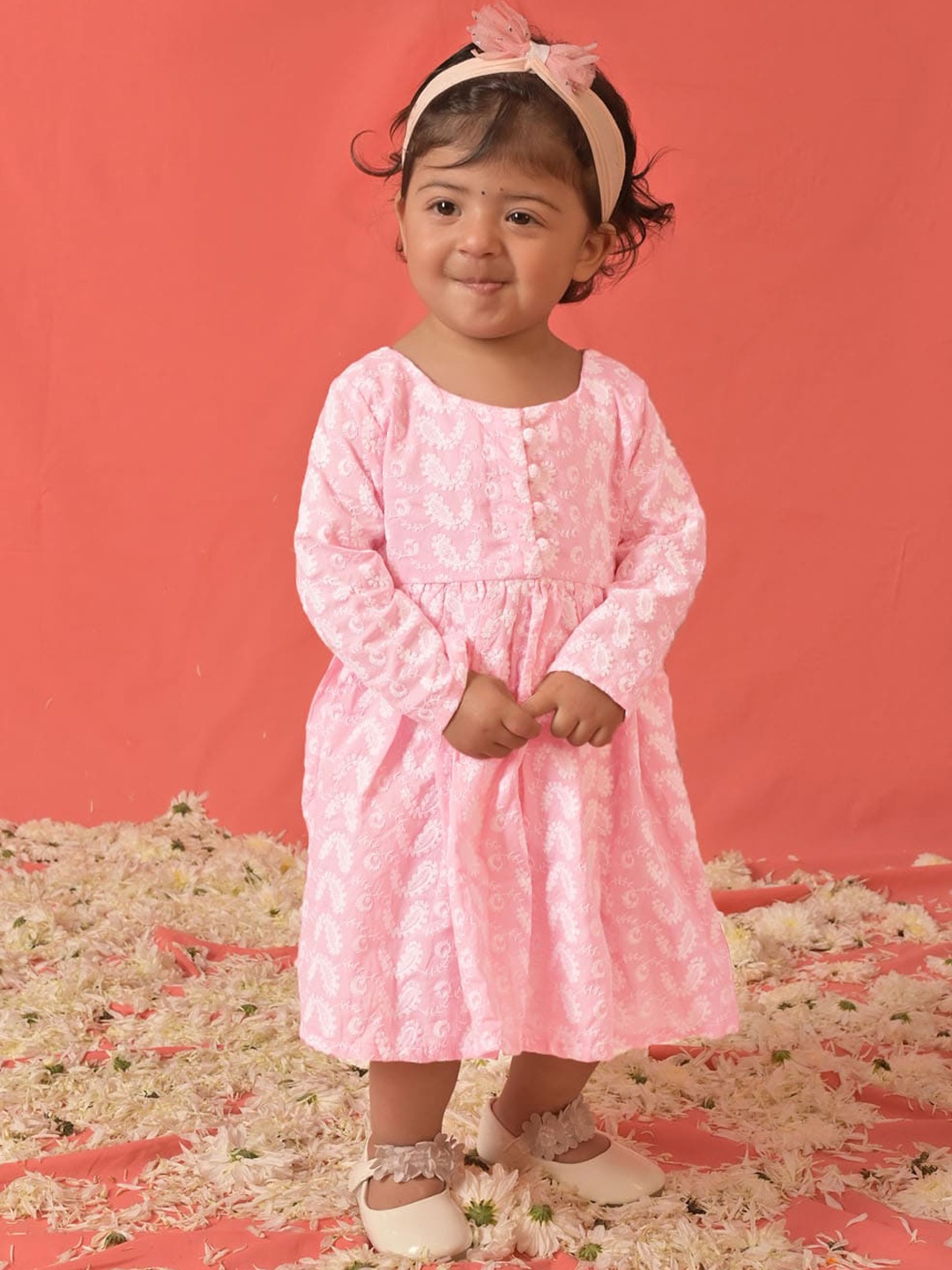 

VASTRAMAY Girls Ethnic Motifs Embroidered Pure Cotton Chikankari Ethnic Dress, Pink