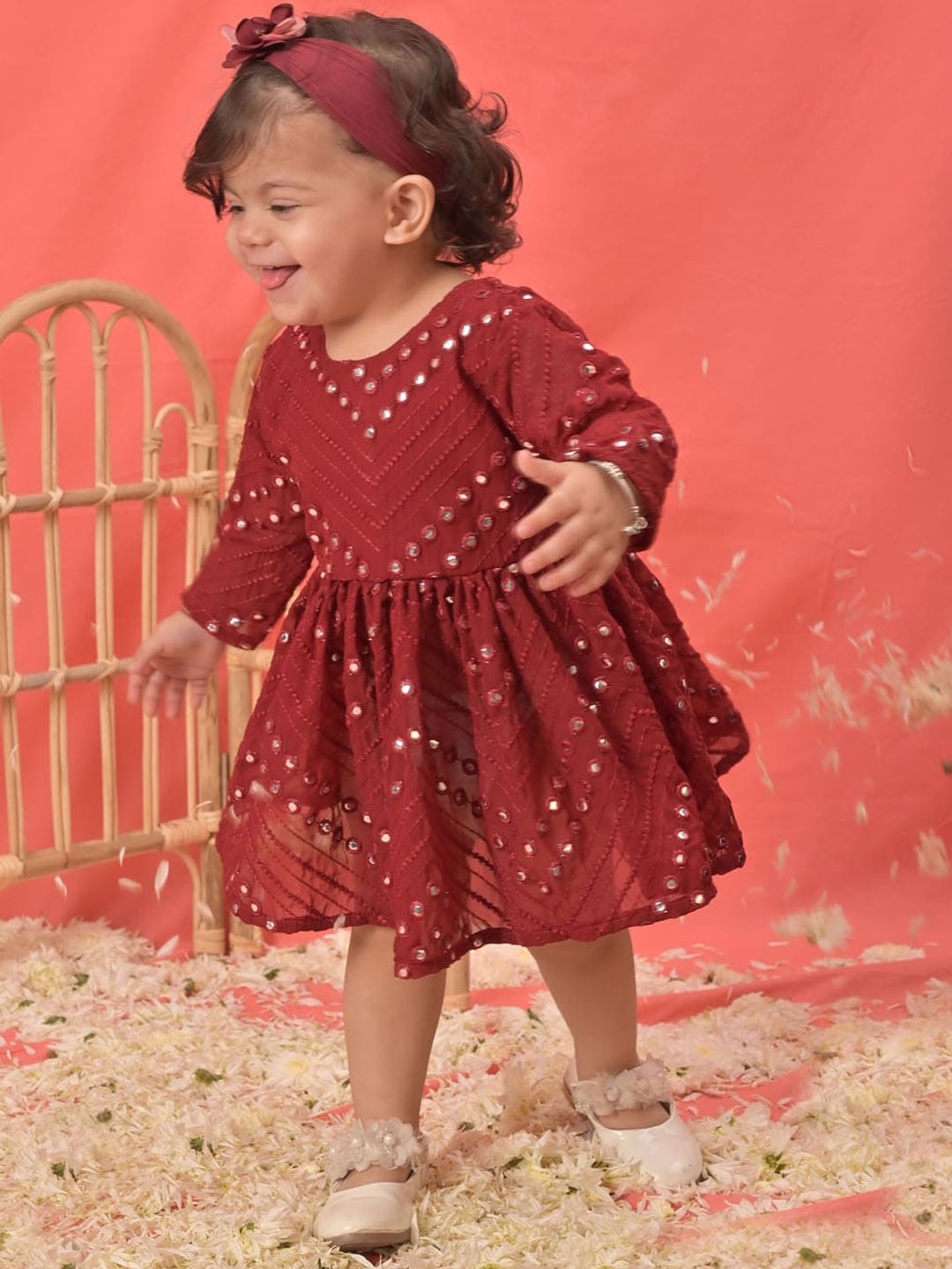 

VASTRAMAY Girls Embroidered Mirror Work Midi Ethnic Dress, Maroon