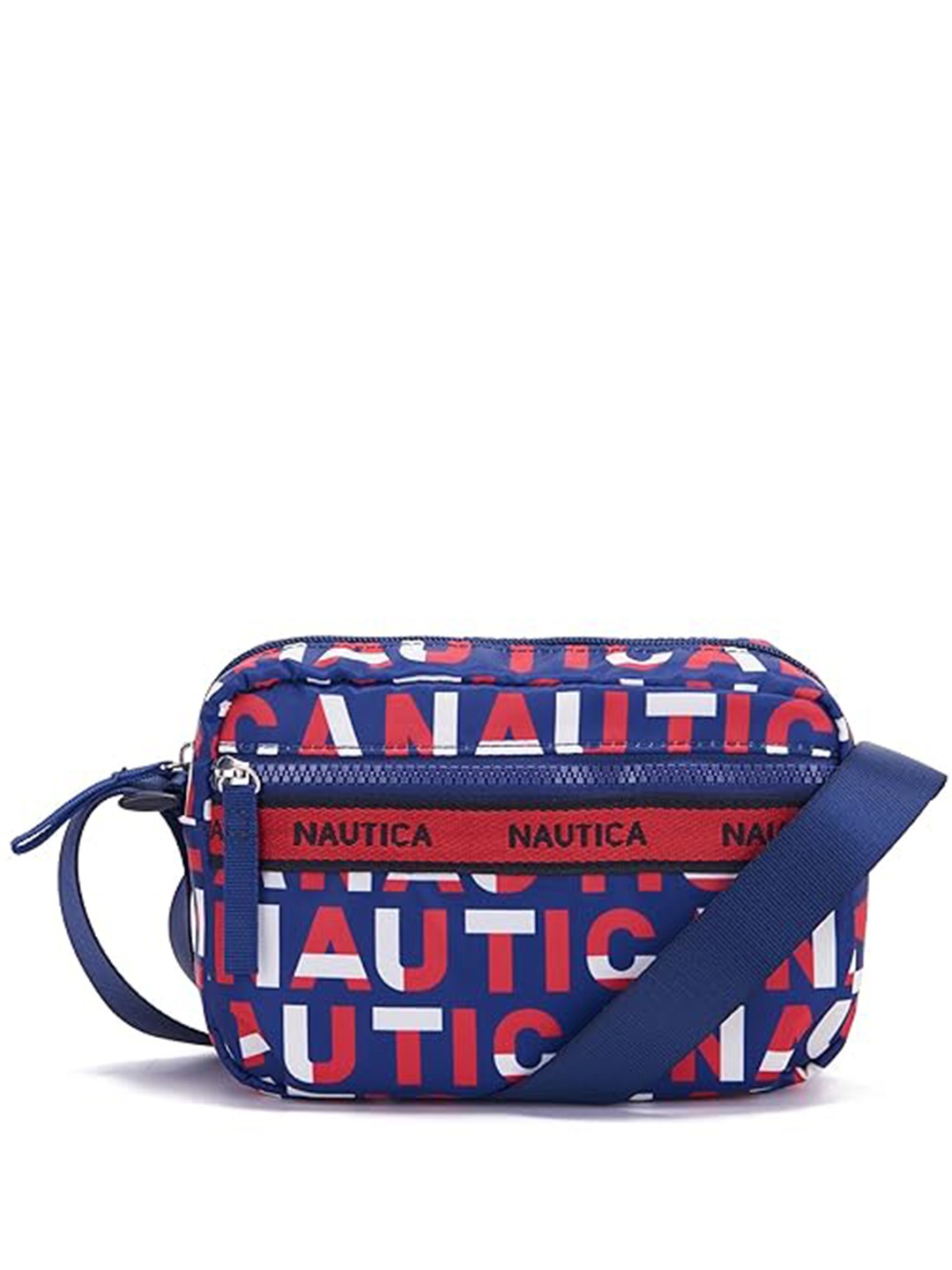 Nautica Typography Printed Structured Sling Bag, Navy blue