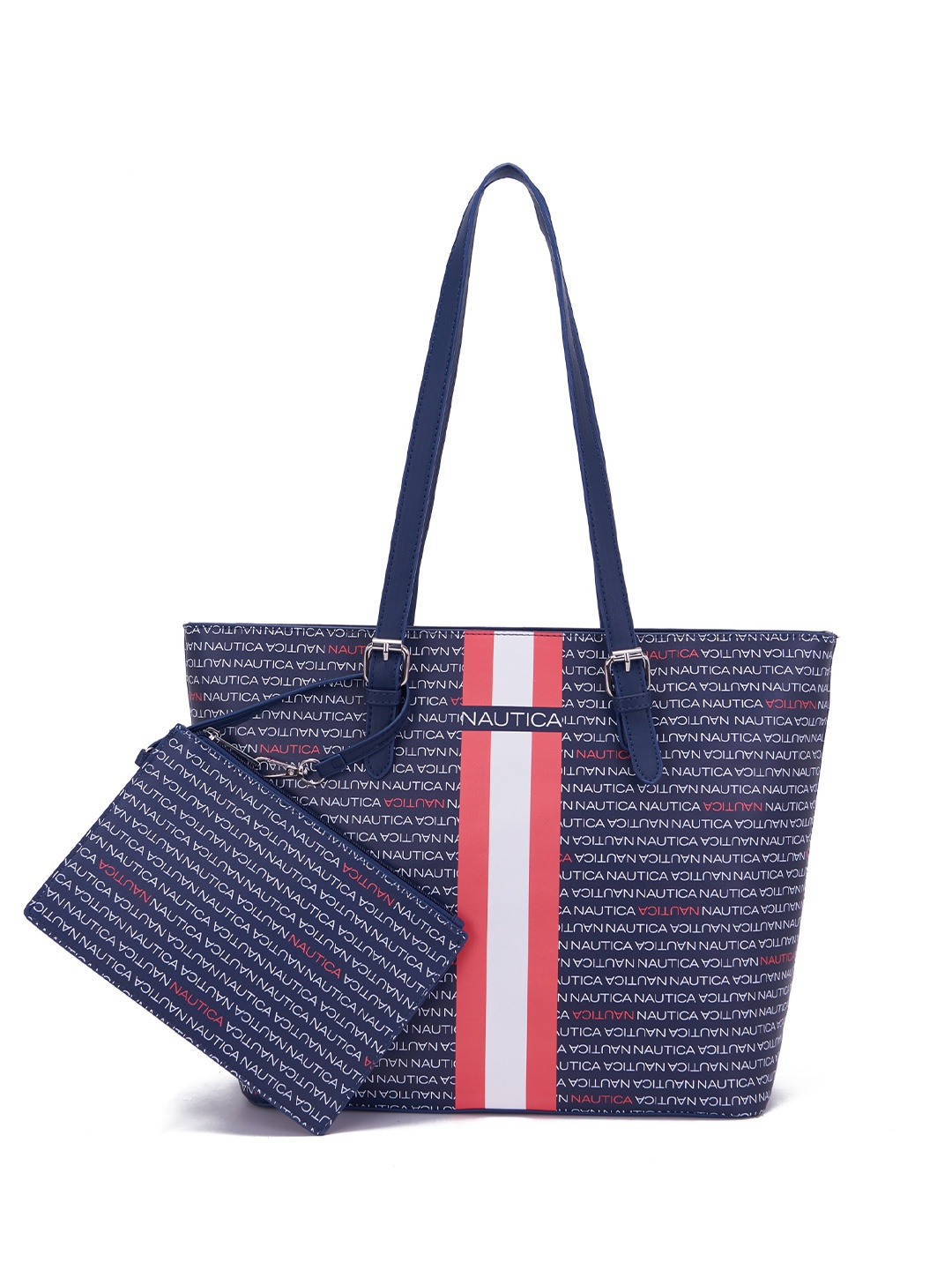 

Nautica Striped Structured Tote Bag With Pouch Up To 16 Inch, Navy blue