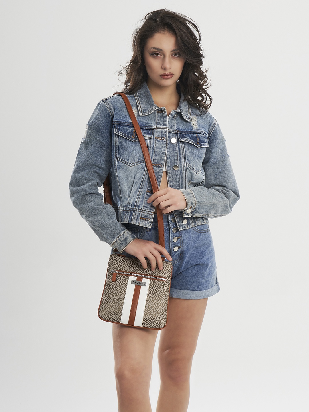 

Nautica Typography Printed Structured Sling Bag, Brown
