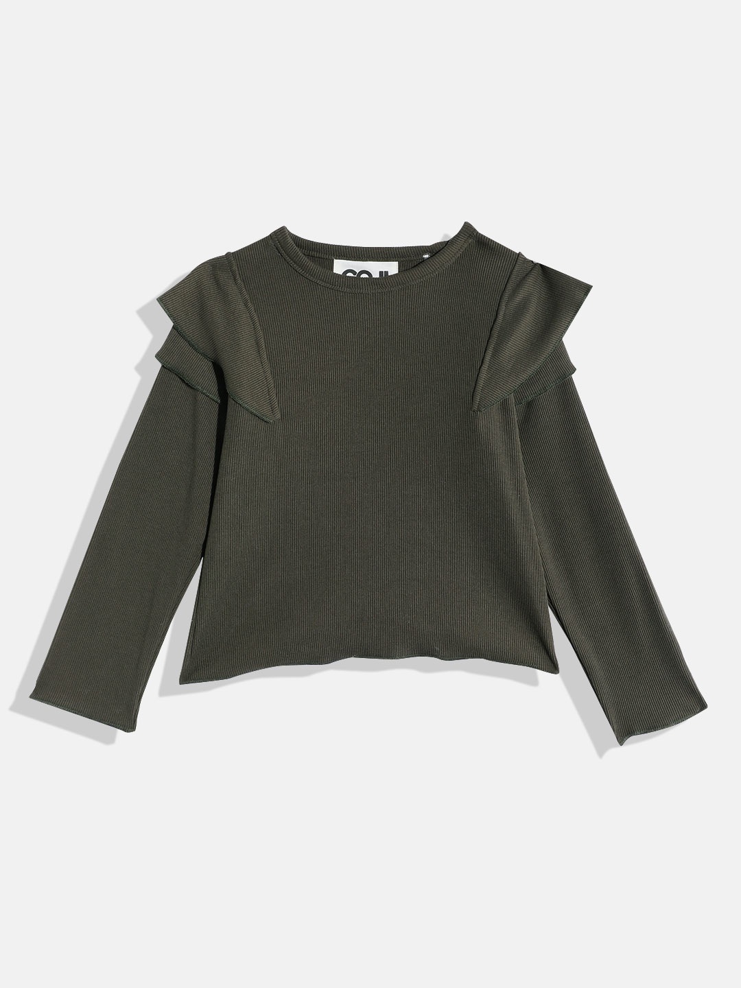 

GOJI Girls Ribbed Ruffled Cotton Top, Olive