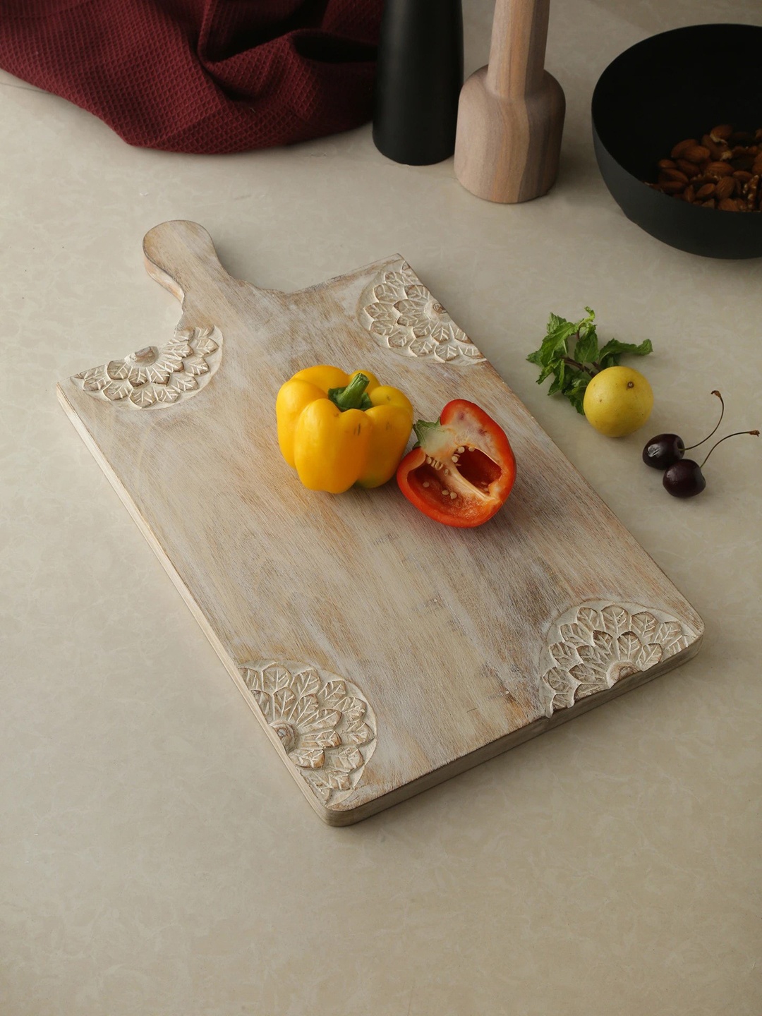 

Amoliconcepts Beige Cheese Board Cum Platter With Hand Carved Flower