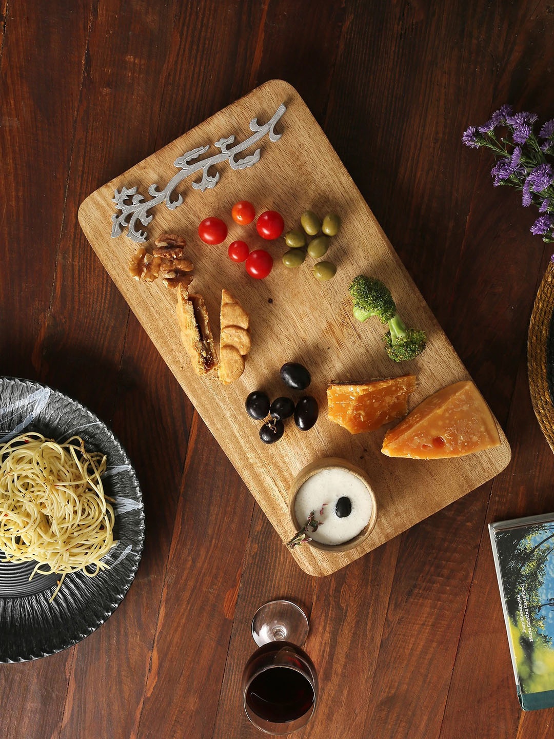 

Amoliconcepts Beige Cheese Board Cum Platter With Silver Foiled & Dip Bowl