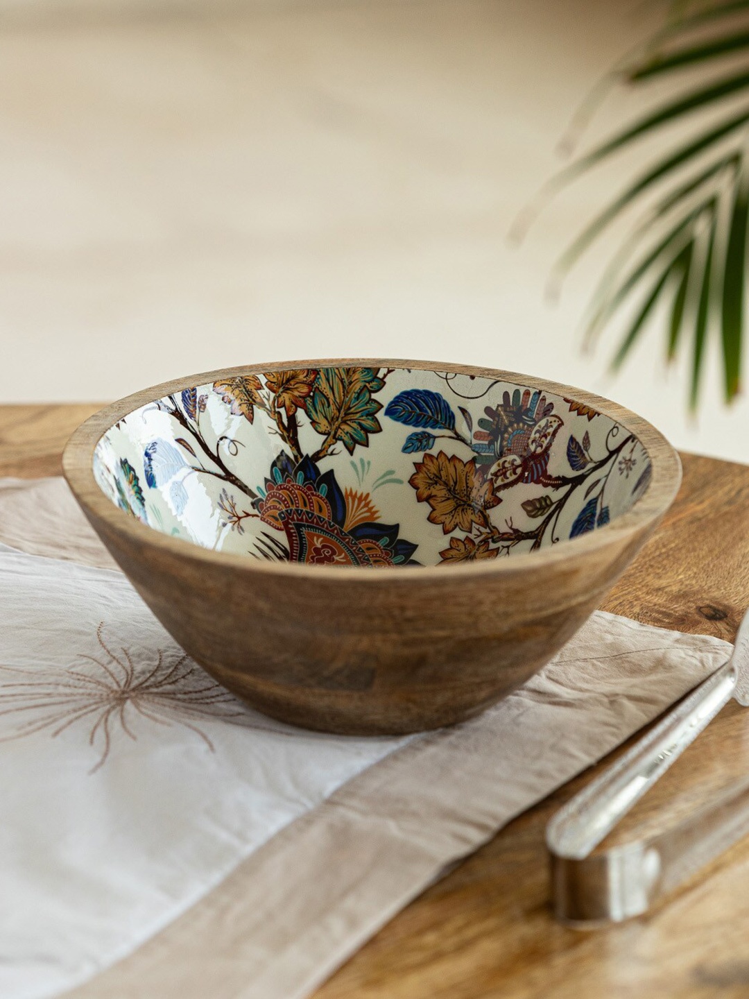 

ExclusiveLane Floral Mango Wood Handcrafted Enamelled Serving Salad Bowl - 700ml, Multi