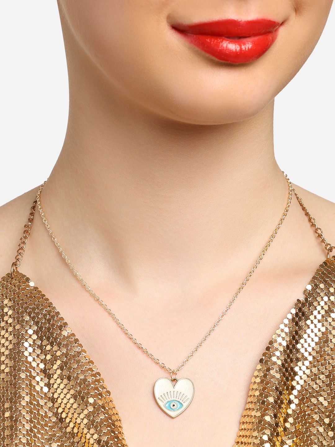 

Zaveri Pearls Women Gold-Plated Enamelled Heart-Shaped Pendant with Chain, Off white