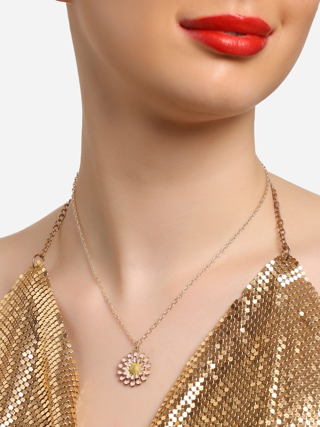 

Zaveri Pearls Women Gold-Plated Enamelled Floral Pendant with Chain, Pink