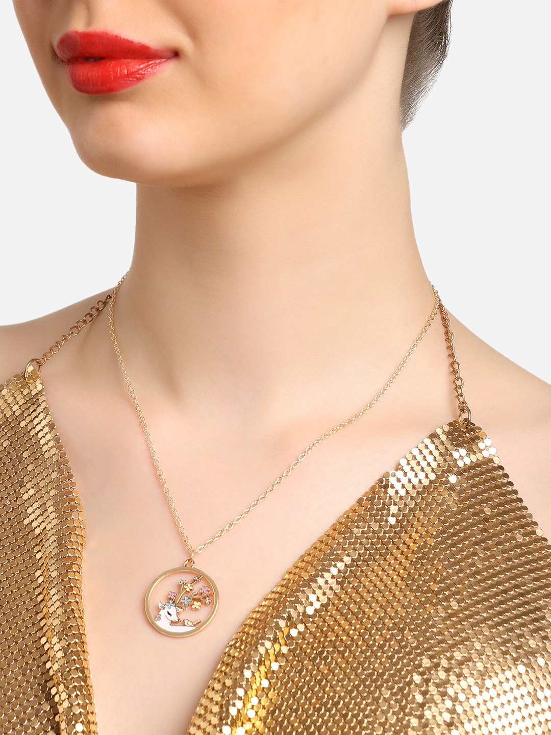 

Zaveri Pearls Gold Plated Stone Studded Pendant & Chain
