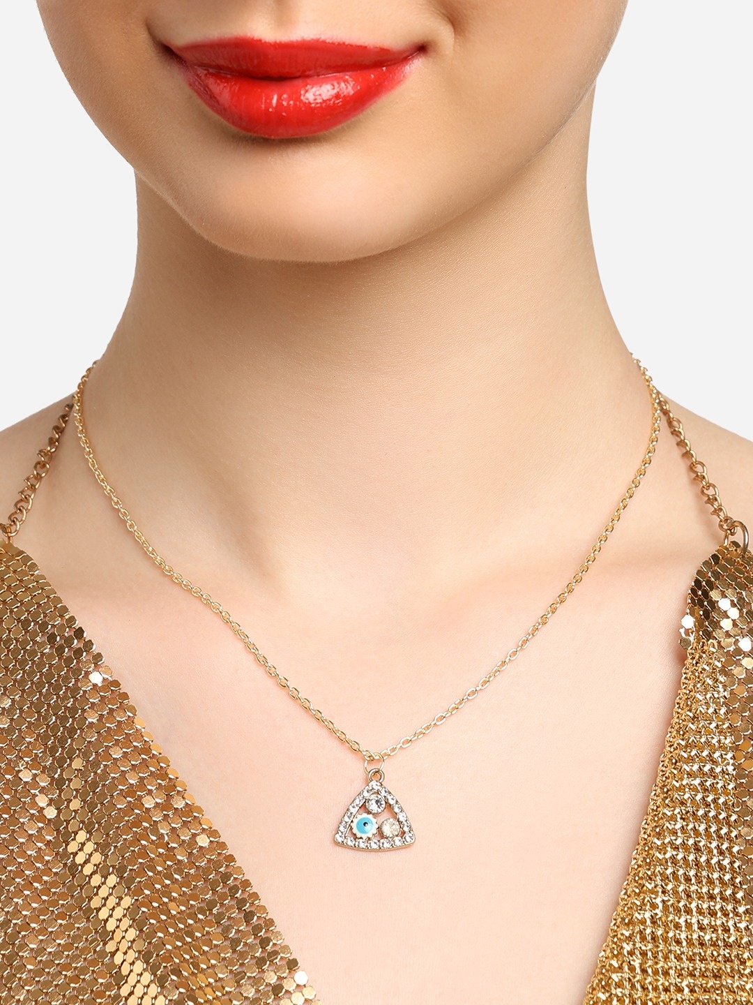 

Zaveri Pearls Women Gold-Plated Enamelled Triangular Artificial Stone Pendant with Chain, Blue