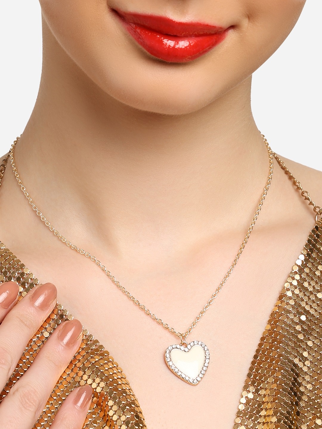 

Zaveri Pearls Gold-Plated AD Studded Heart-Shaped Pendant With Chain