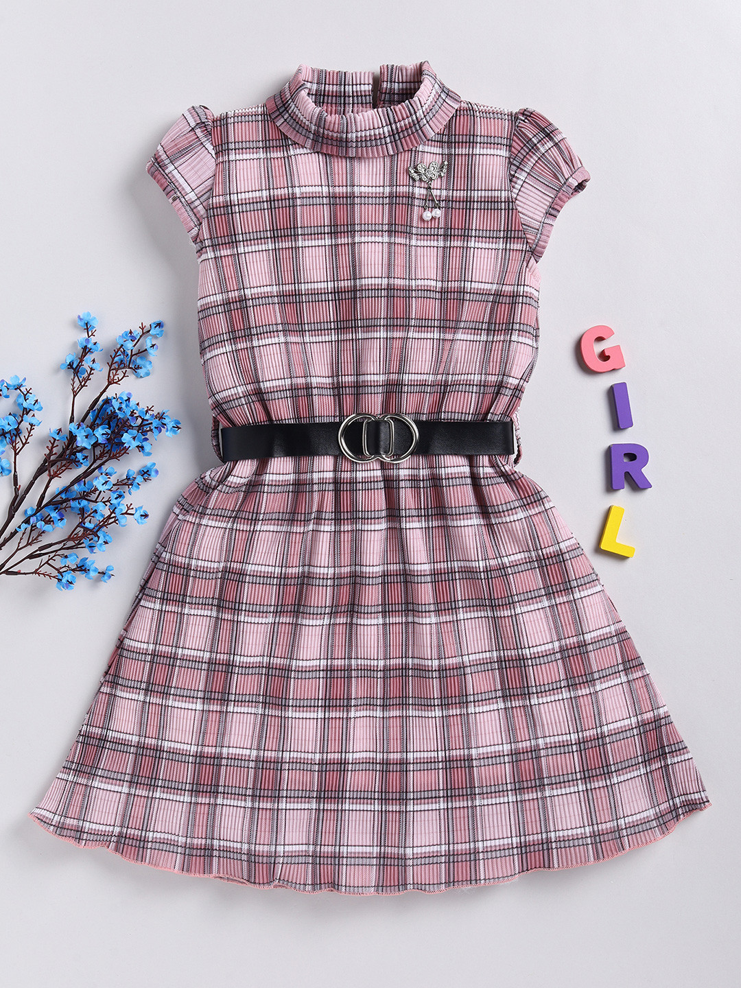

Toonyport Girls Checked High Neck Fit & Flare Dress, Pink