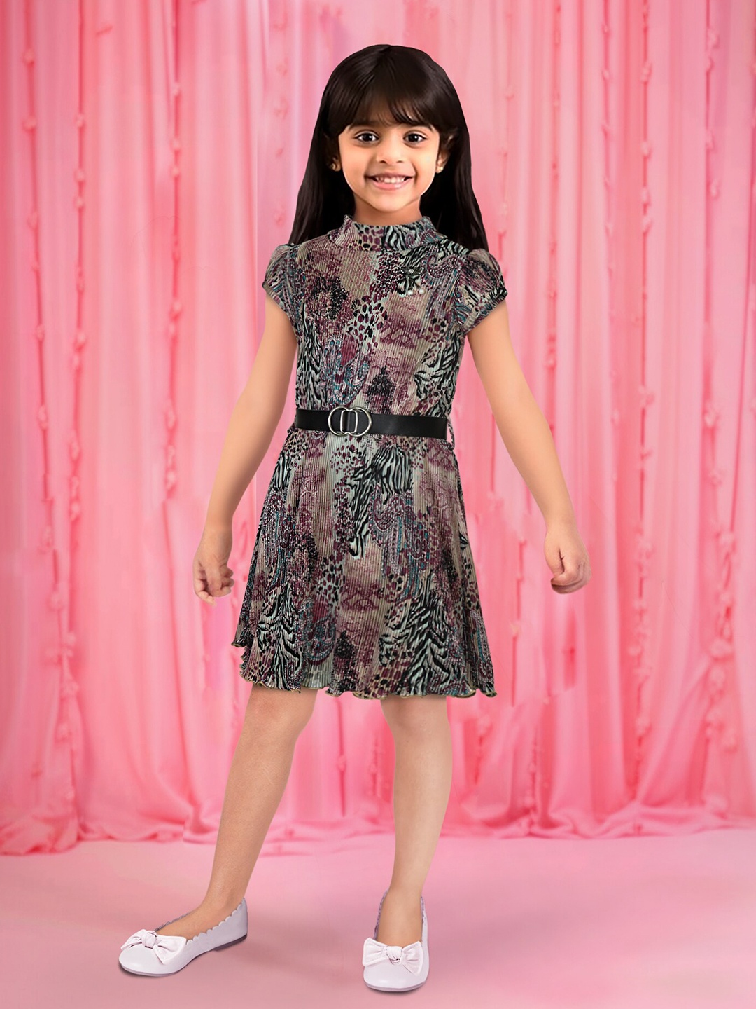 

Toonyport High Neck Abstract Printed A-Line Dress, Pink