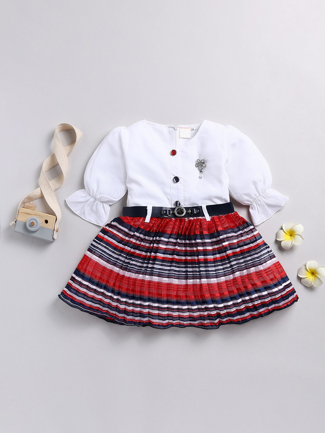 

Toonyport Girls Striped Fit & Flare Dress, White