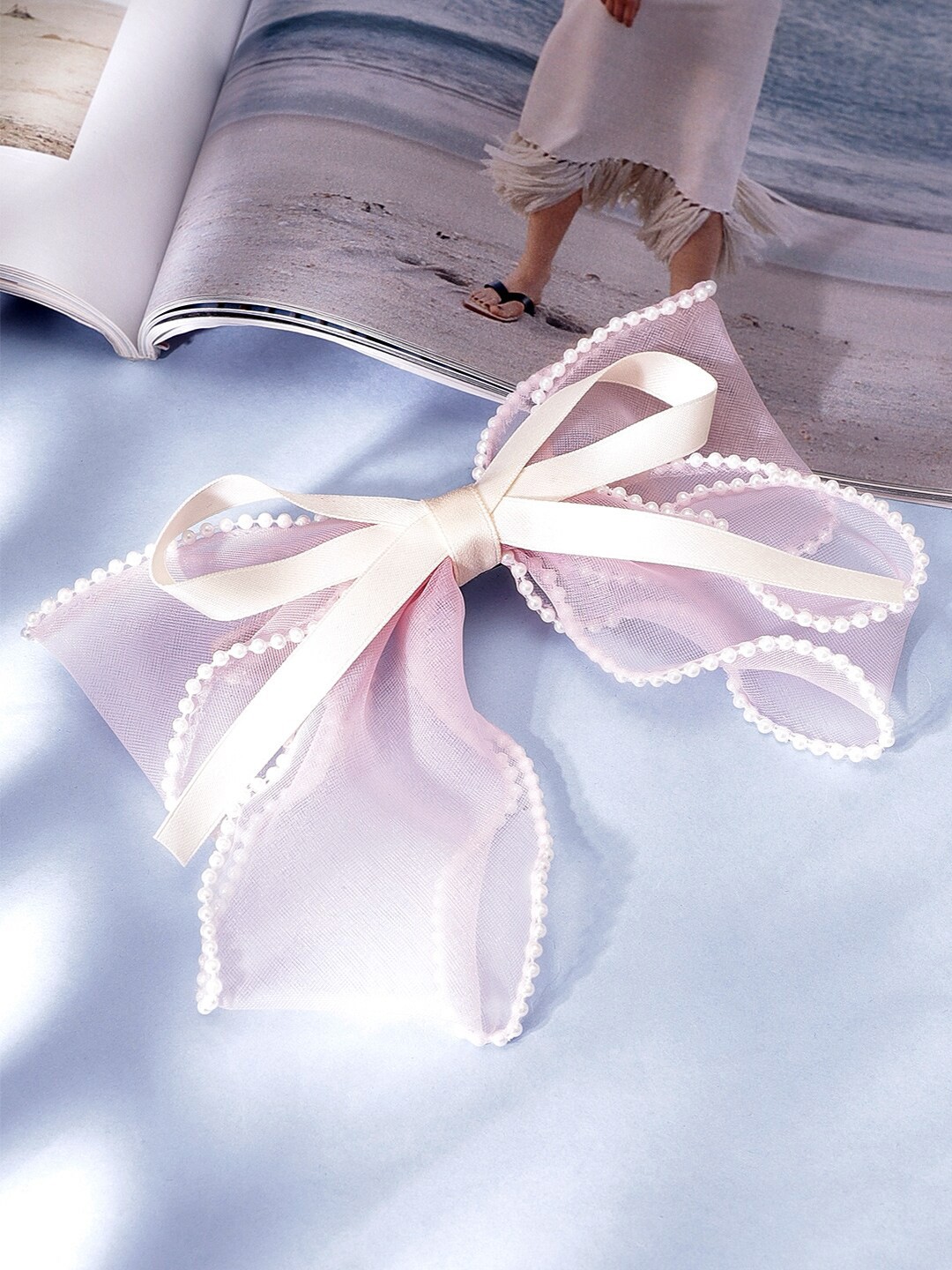 

Rubans Pearls Detail Bow French Barrette, Pink
