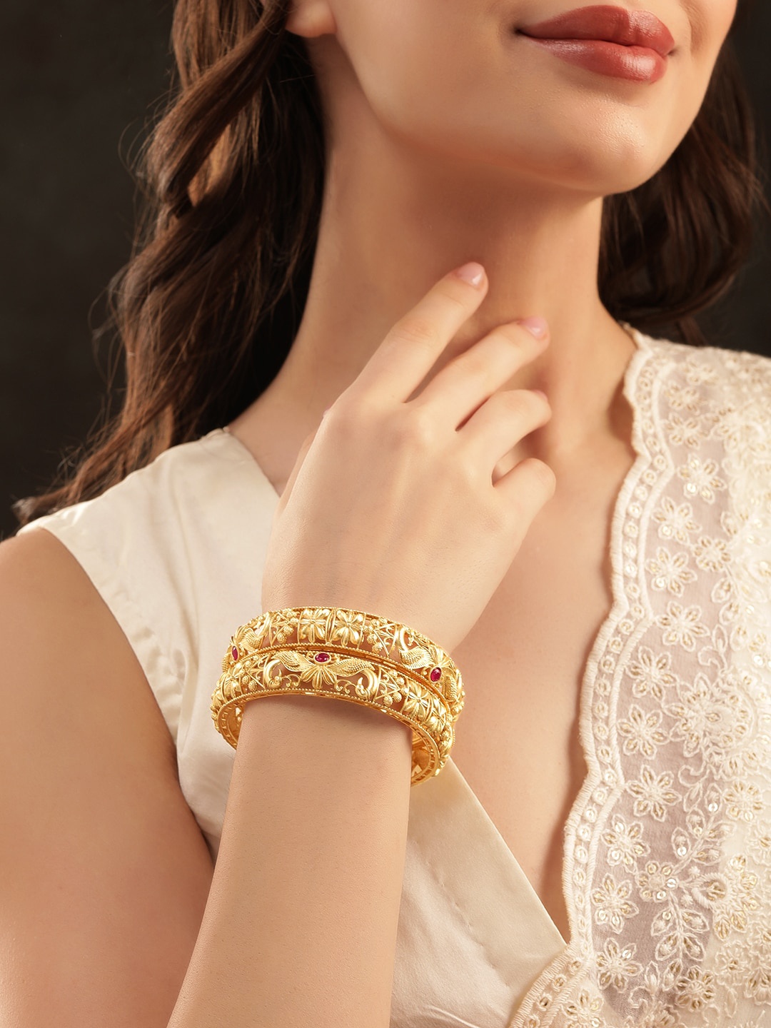

Rubans Set Of 2 22K Gold-Plated Stone Studded Bangles