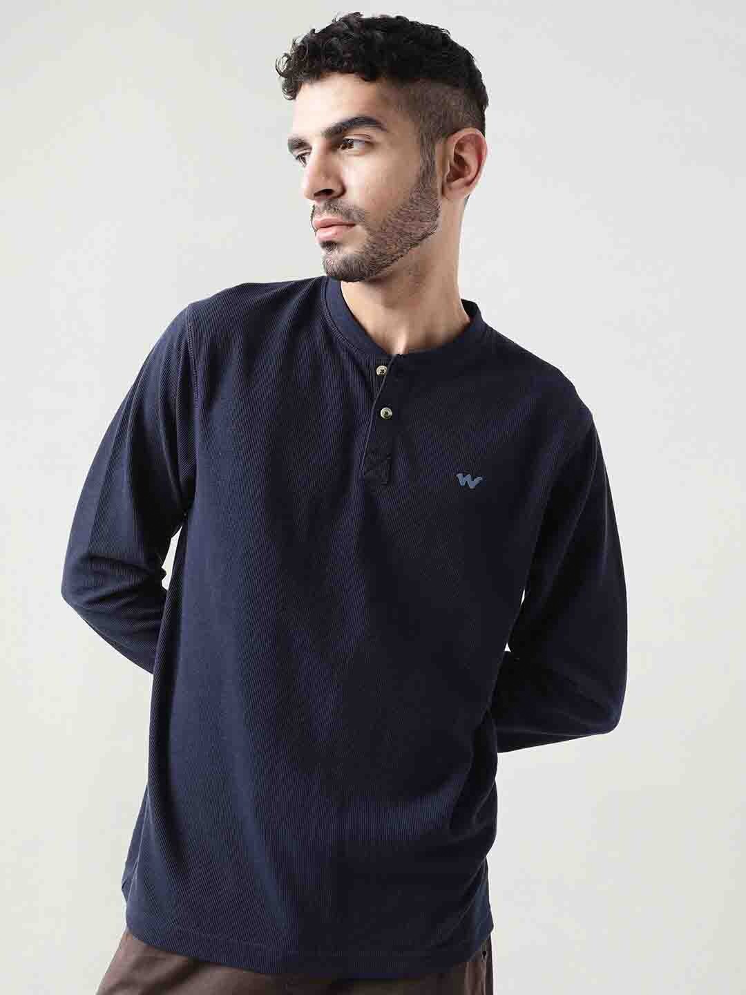 

Wildcraft Self Design Henley Neck Long Sleeve Anti Odour Cotton T-shirt, Navy blue