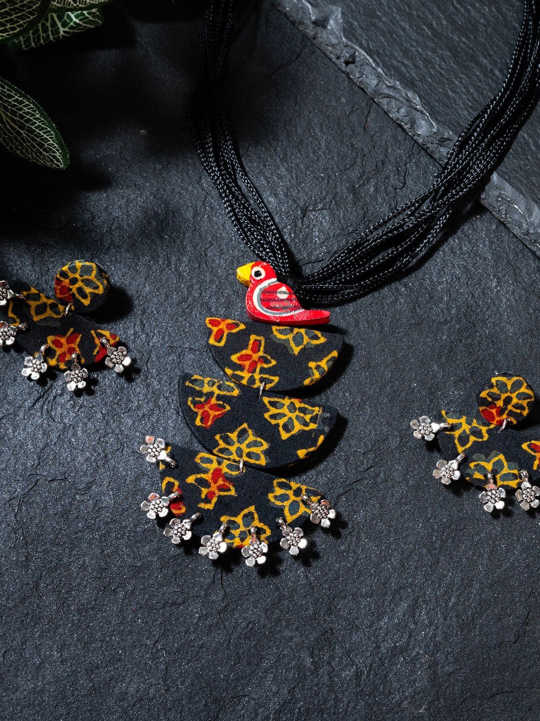 

ArtEastri Block Printed German Silver Jewellery Set, Black