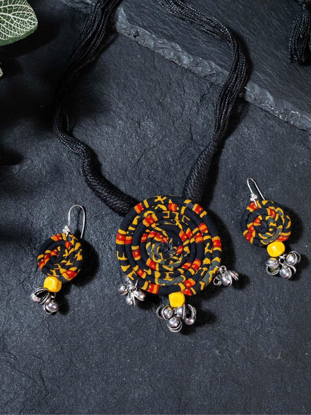 

ArtEastri Ajrak Fabric German Silver Ghungroo Jewellery Set, Blue