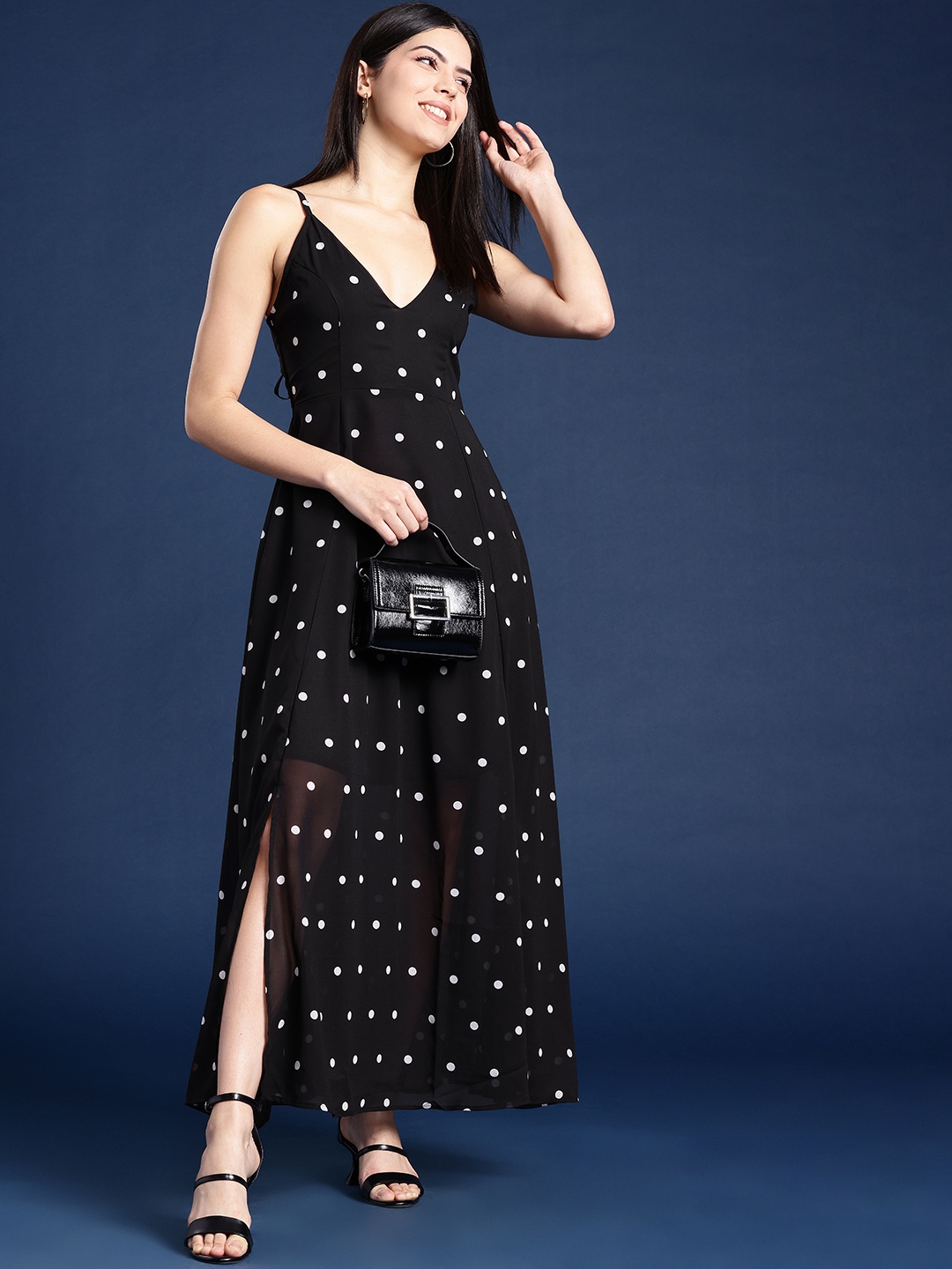 

Mast & Harbour Polka Dot Print Georgette A-Line Maxi Dress, Black