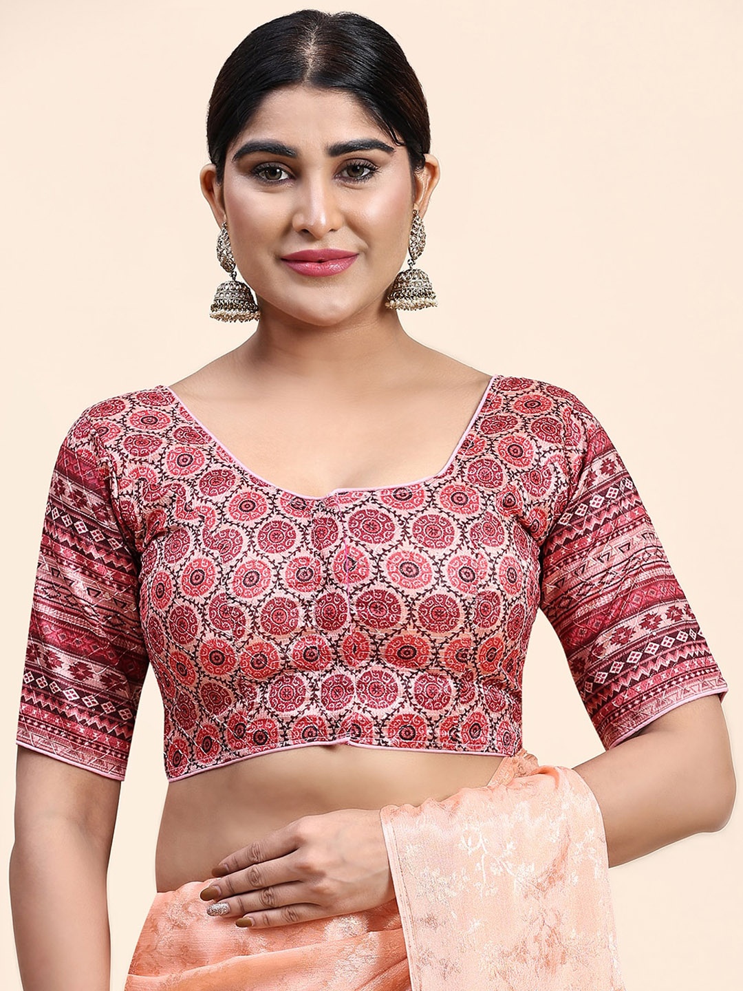 

Kasak Ethnic Motifs Printed Silk Saree Blouse, Pink