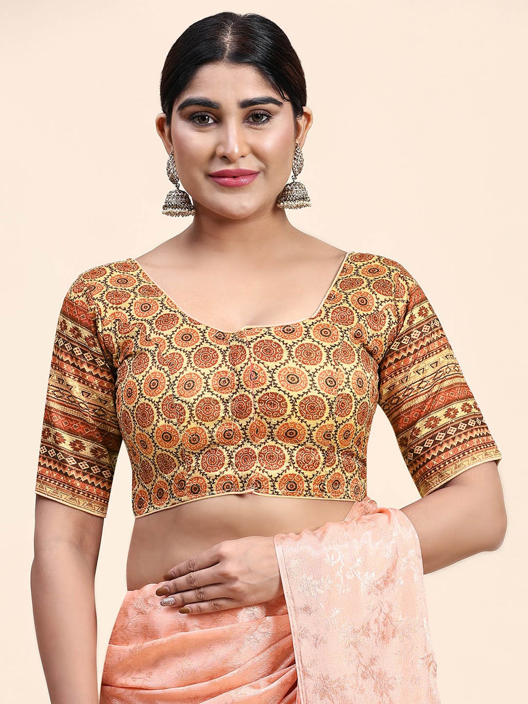 

Kasak Ethnic Motifs Printed Silk Saree Blouse, Beige