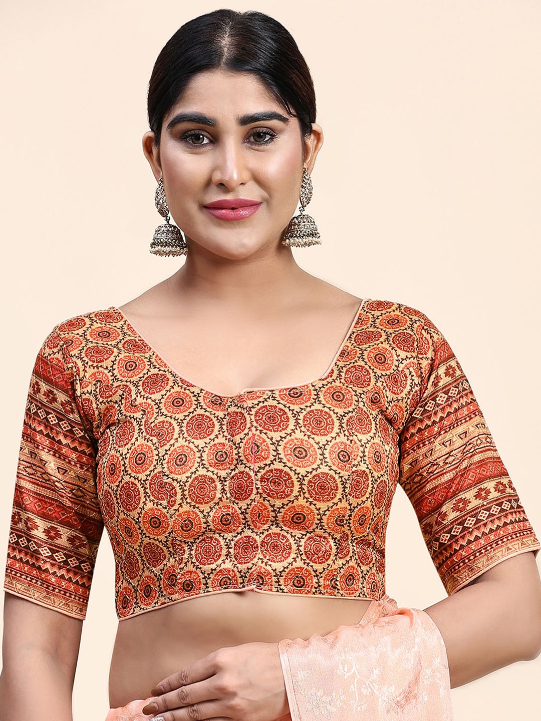 

Kasak Ethnic Motifs Printed Silk Saree Blouse, Orange