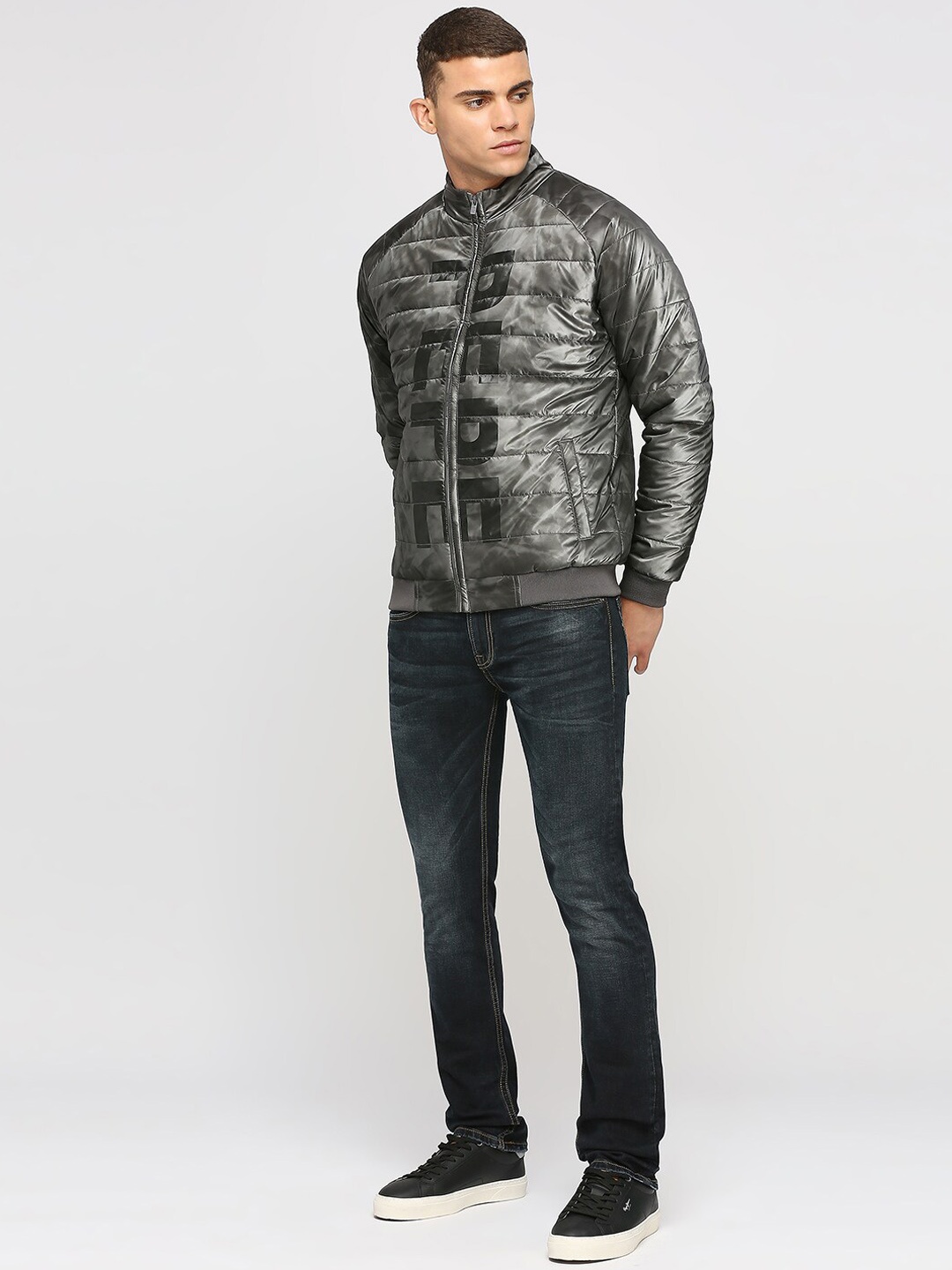 

Pepe Jeans Typography Printed Mock Collar Padded Jacket, Grey