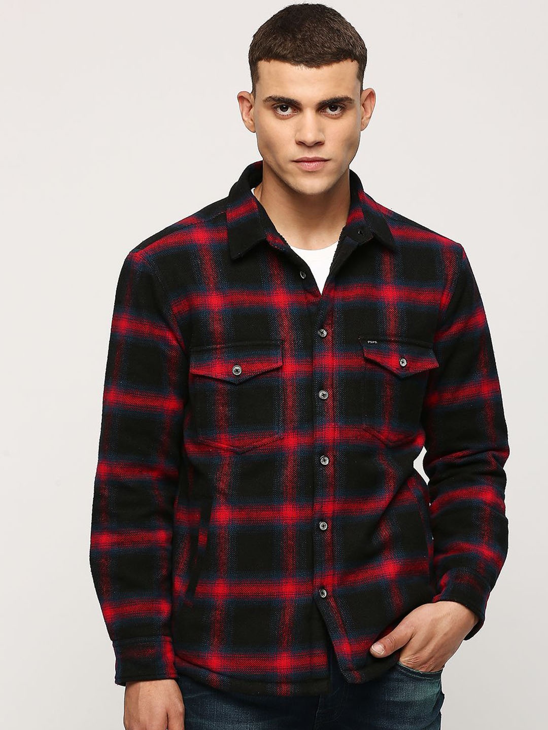 

Pepe Jeans Checked Spread Collar Cotton Tailored Jacket, Black