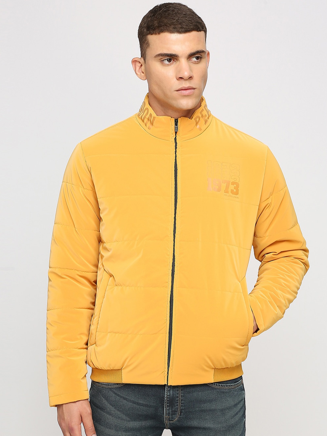 

Pepe Jeans Typography Printed Mock Collar Bomber Jacket, Yellow
