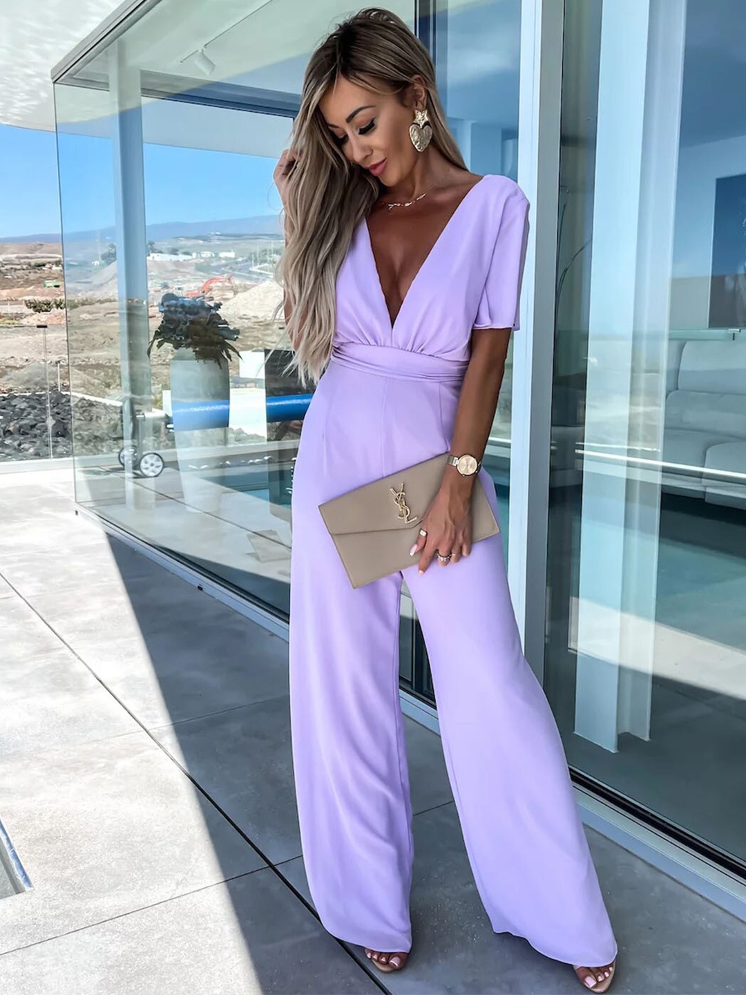 

StyleCast Purple V-Neck Short Sleeves Basic Jumpsuit