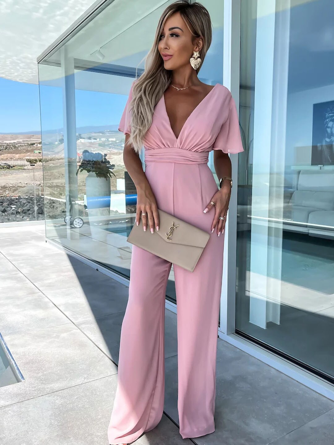 

StyleCast Pink V-neck Flared Sleeves Basic Jumpsuit