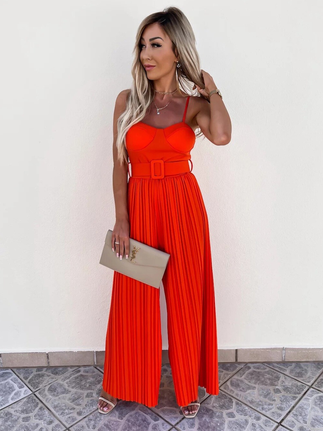 

StyleCast Red Shoulder Straps Belted Basic Jumpsuit