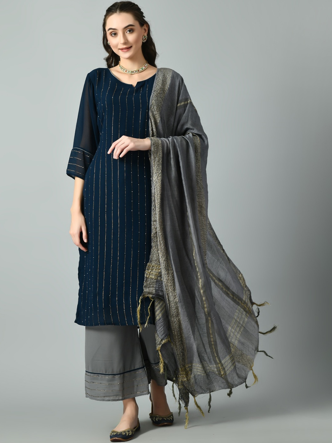 

DesiNoor.com Striped Beads and Stones Kurta with Palazzos & Dupatta, Teal
