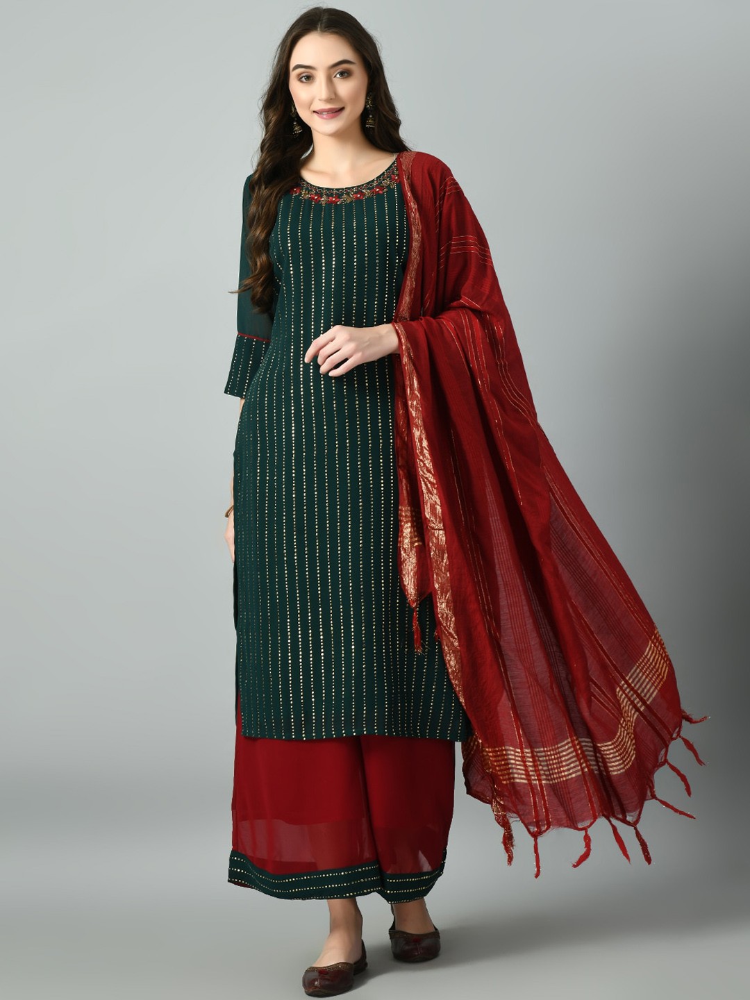 

DesiNoor.com Striped Beads and Stones Straight Kurta with Palazzos & Dupatta, Green