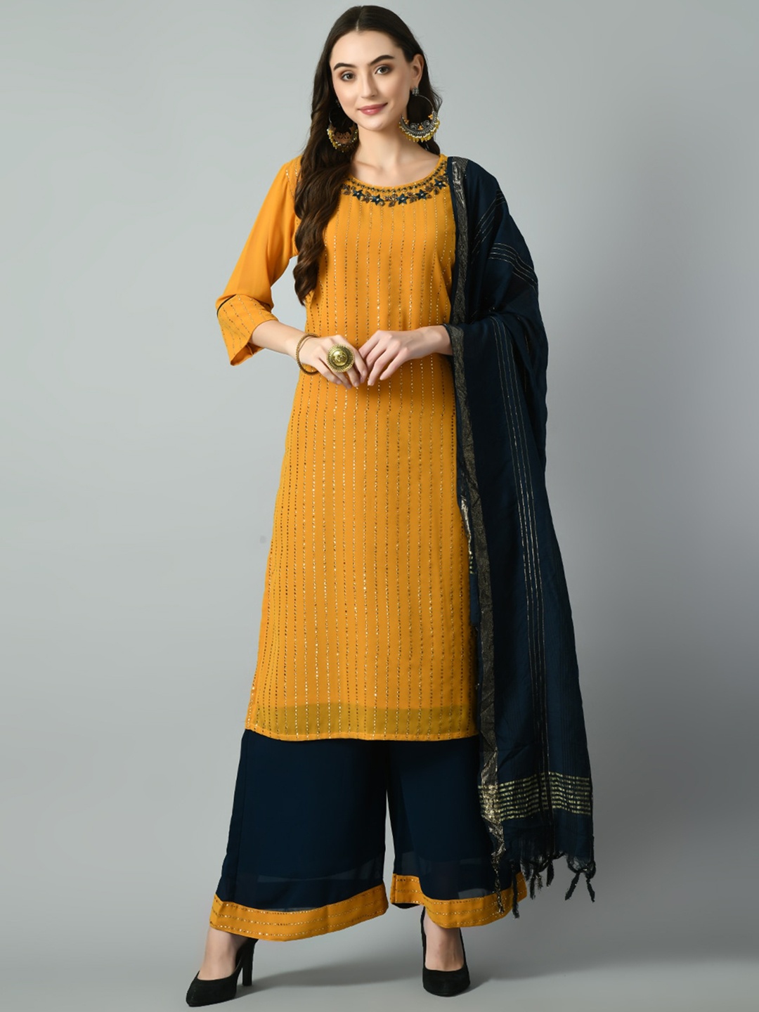 

DesiNoor.com Striped Beads and Stones Straight Kurta with Palazzos & Dupatta, Yellow